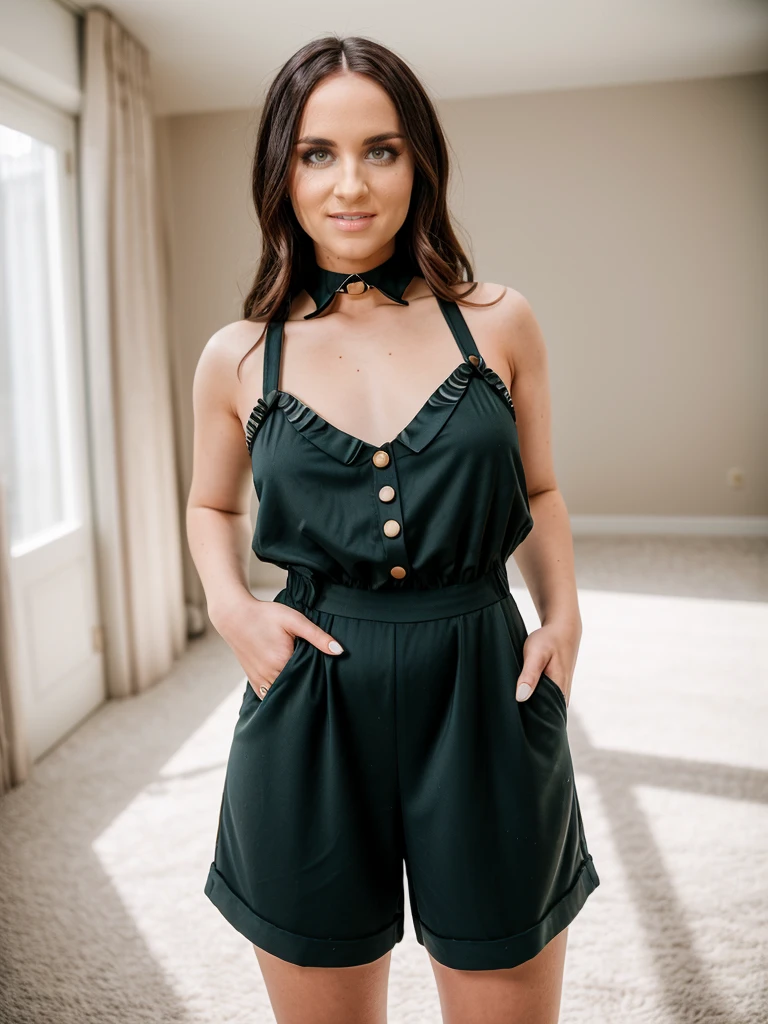 cinematic photo Real estate photography style realistic, photorealistic, award winning photo,   a woman wearing Ripped Peter Pan collar and Culotte jumpsuit: A jumpsuit with a wide-leg, culotte-style pant bottom.,  <lora:quiron_BettinaDiCapri_v1_lora:0.87> BettinaDiCapriQuiron woman, . Professional, inviting, well-lit, high-resolution, property-focused, commercial, highly detailed . 35mm photograph, film, bokeh, professional, 4k, highly detailed