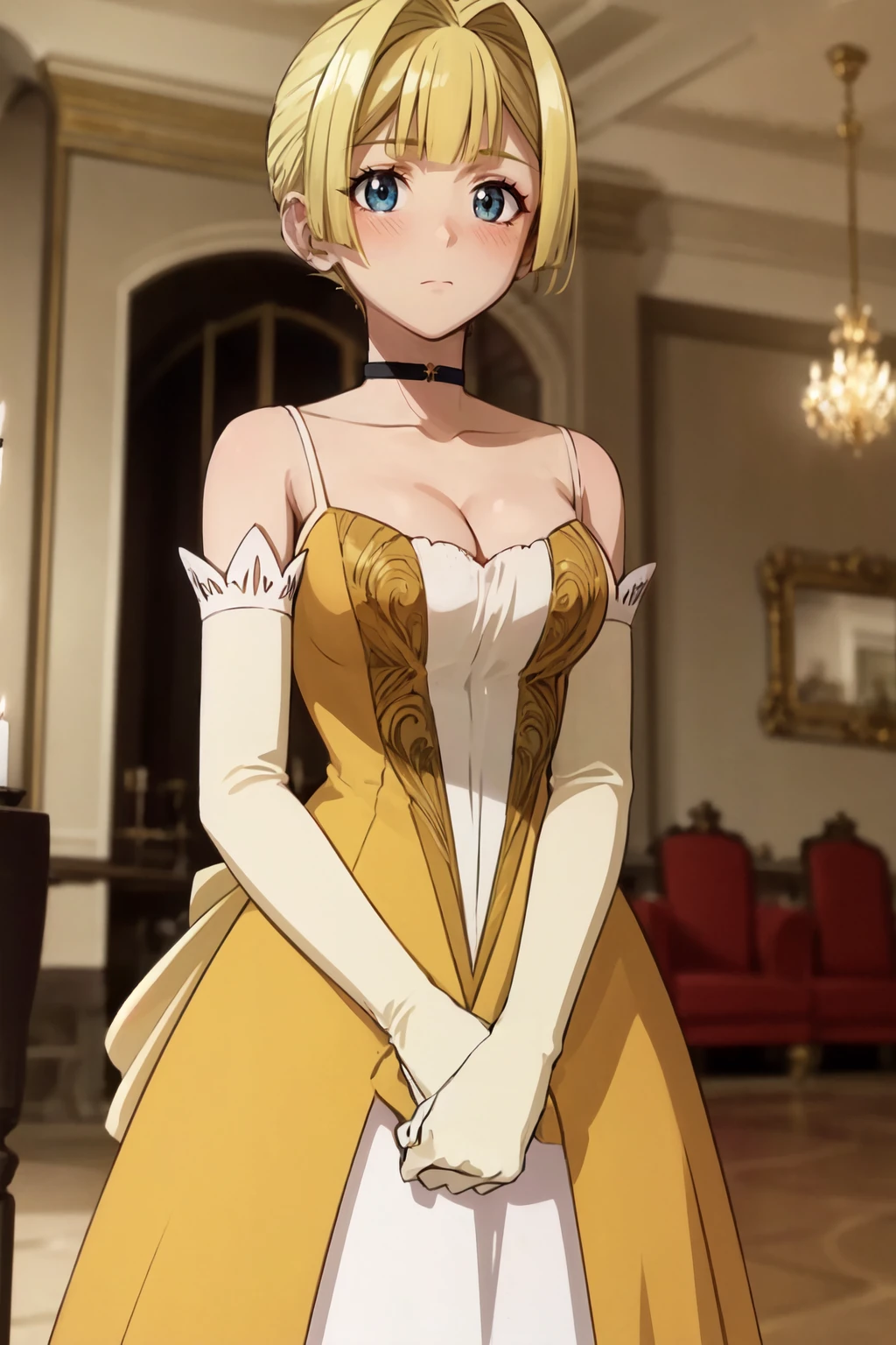 alicema, 1girl, solo, choker, long dress, elbow gloves, dress, blush, cleavage, yellow dress, bare shoulders, indoors, candelabra <lora:alicema_V2-10:0.7>