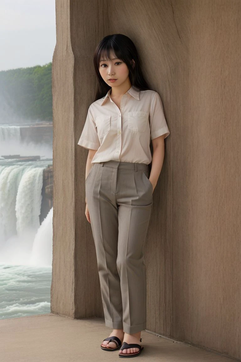 <lora:sora_izumi_obj20:0.7>, full_body, standing, sandals, (shirt), pants, (niagara falls), (sora_izumi: 1.2), perfect face, (contact iris: 1.1), pale skin, skin pores , depth of field