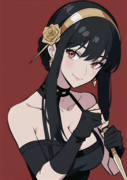 <lora:Yor_Forger:0.7>,yor_forger, 1girl, solo, long hair, breasts, looking at viewer, smile, bangs, large breasts, black hair, hair ornament, red eyes, gloves, dress, holding, cleavage, bare shoulders, jewelry, closed mouth, upper body, weapon, flower, sidelocks, hairband, earrings, black gloves, hair flower, fingerless gloves, holding weapon, black dress, rose, knife,dual wielding, holding knife, dagger, holding dagger, gold earrings, gold hairband