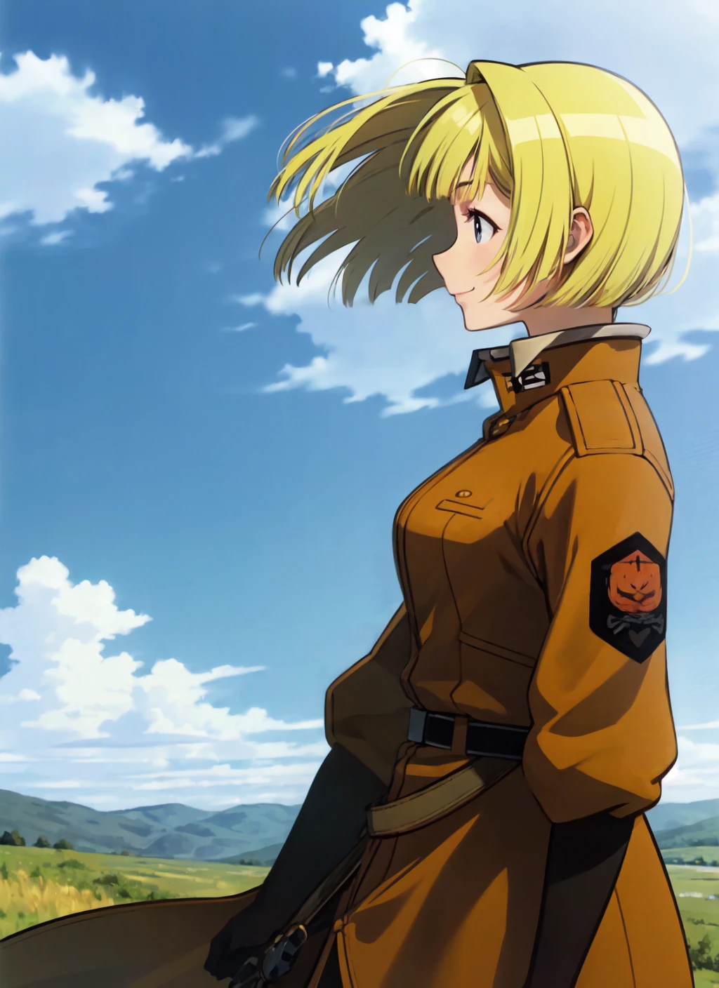 alicema, 1girl, solo, military uniform, coat, gloves, emblem, belt, day, sky, cloud, smile, outdoors, mountain, from side, wind, floating hair, profile, closed mouth <lora:alicema_V2-10:0.7>