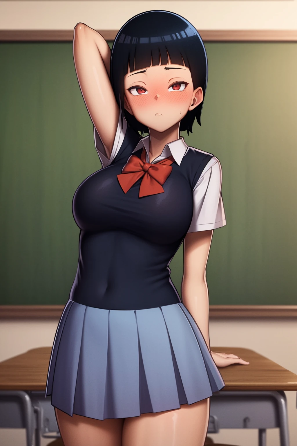 masterpiece, best quality, 1girl, arm behind head, arm up, bangs, black hair, blush, red bowtie, closed mouth, collared shirt,  school uniform, short hair, indoors, looking at viewer,  school desk, classroom background   <lora:NightmareHDraw:0.9>