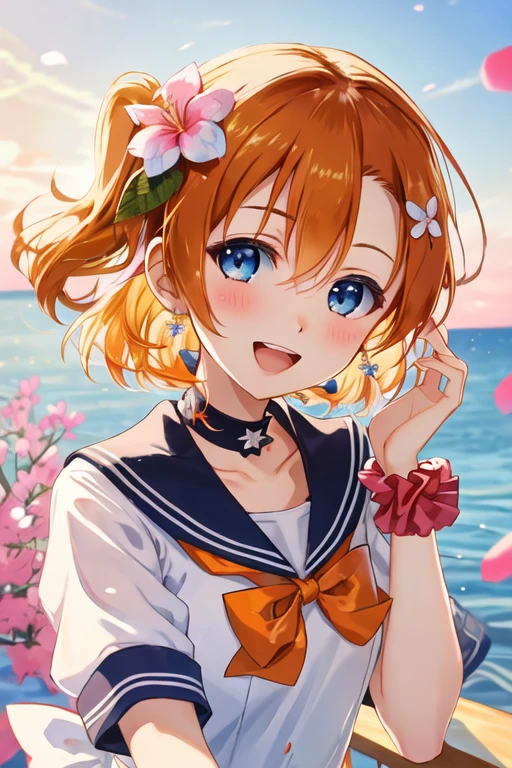 best quality, masterpiece, highres, solo, {kousaka_honoka_lovelive:1.15}, blue_eyes, orange_hair, one_side_up, smile, blush, short_hair, open_mouth, bow, hair_bow, hair_ornament, 1girl, bangs, flower, hair_flower, looking_at_viewer, upper_body, :d, hair_between_eyes, shiny, shiny_hair, short_sleeves, white_bow, collarbone, sailor_collar, scrunchie, wrist_scrunchie