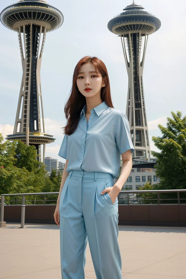 <lora:kim_hee_jeong_obj20:0.5>, full_body, standing, sandals, (shirt), pants, (seattle space needle), (kim_hee_jeong: 1.2), perfect face, (contact iris: 1.1), pale skin, skin pores , depth of field