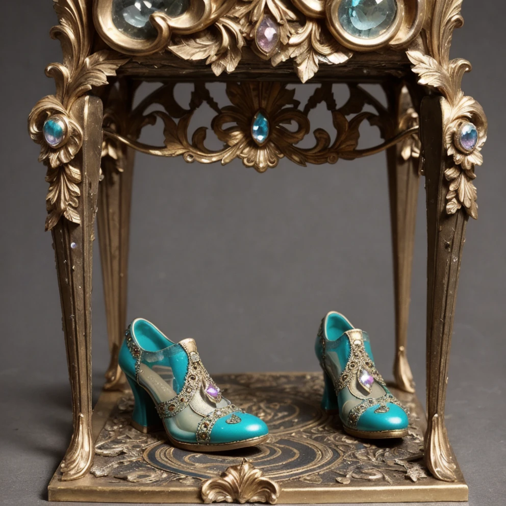 shoes transparent, gem, details, detailed scene, magical items, highly detailed scene, masterpiece, 3D, sculptural, textured, handmade, vibrant, fun, distressed, vintage, edgy, textured vibe, dirty, noisy, ornate Art Nouveau