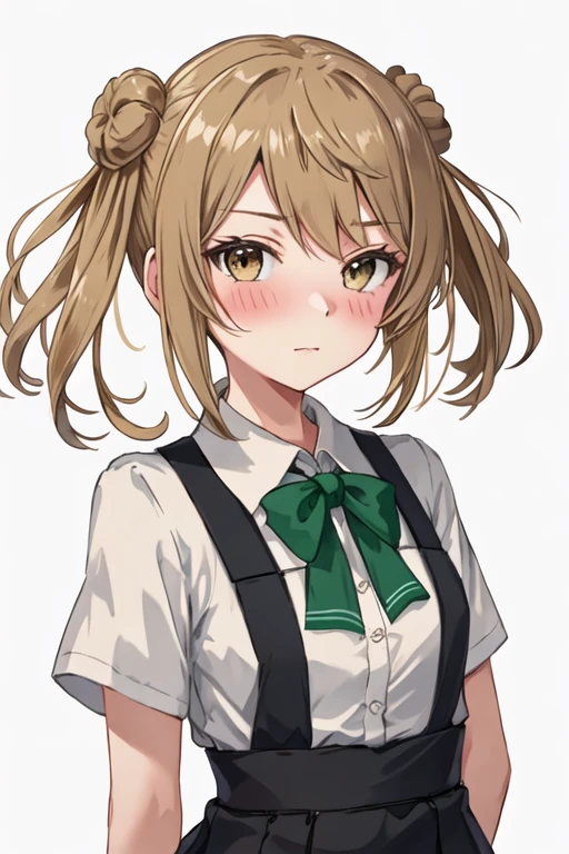 best quality, masterpiece, highres, solo, {michishio_kantaicollection:1.15}, twintails, double_bun, hair_bun, short_twintails, light_brown_hair, brown_eyes, blush, bow, yellow_eyes, 1girl, dress, green_bow, green_bowtie, looking_at_viewer, pinafore_dress, shirt, simple_background, upper_body, white_background, white_shirt, bowtie, portrait