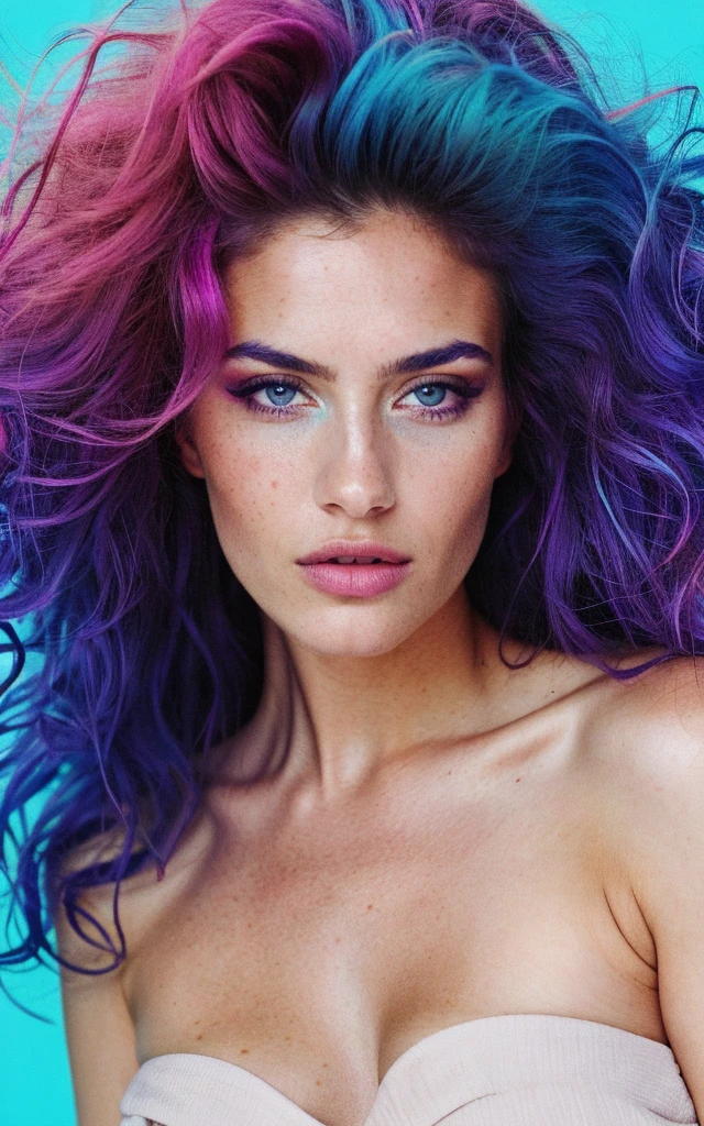 raw photo, photorealistic, highly detailed, photo of beautiful woman, multi color hair, wild hair flowing, blue color simple background. professional photograph, fashion magazine photo, high detailed skin texture and pores, hair ads model, makeup, sharp eyes, perfect lips, film grain, medium shot, instagram LUT
