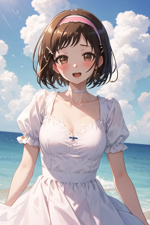 best quality, masterpiece, highres, solo, {hazawa_tsugumi_bangdream:1.15}, brown_hair, short_hair, brown_eyes, blush, smile, bangs, open_mouth, 1girl, blue_sky, cloud, collarbone, day, looking_at_viewer, outdoors, sky, breasts, shirt, upper_body, white_shirt, :o, armor, cloudy_sky, hairband, medium_breasts, pink_hairband, puffy_short_sleeves, puffy_sleeves, short_sleeves