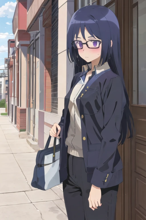 best quality, masterpiece, highres, solo, {momoshina_fumika_alicegearaegisexpansion:1.15}, glasses, long_hair, purple_eyes, blue_hair, blush, black_hair