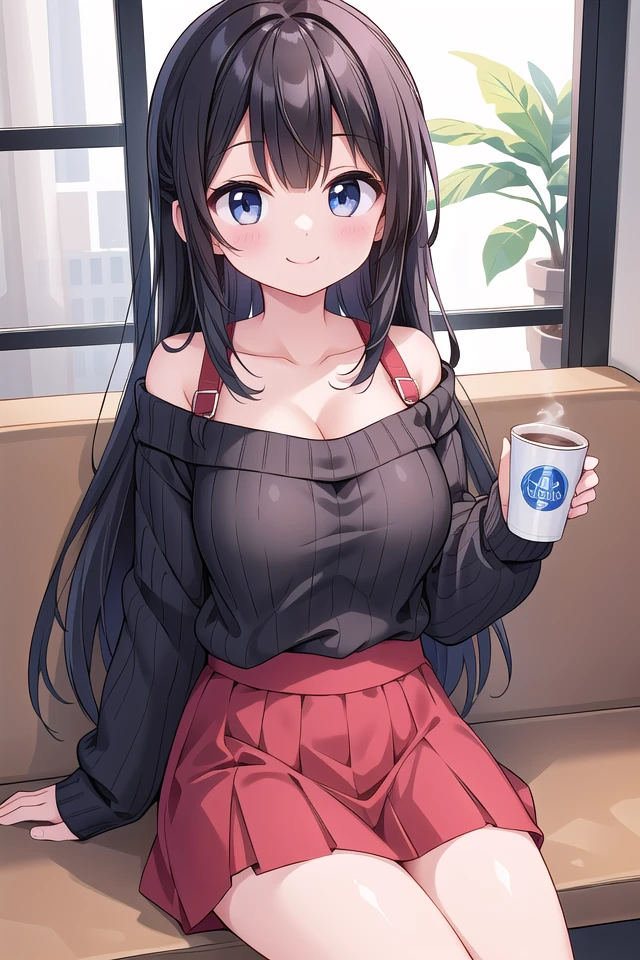 insanely detailed, absurdres, ultra-highres, ultra-detailed, best quality,
1 girl, solo, nice hands, perfect hands,
BREAK
wearing sweater, off shoulder sweater, one piece sweater, sweater with long sleeves, bare shoulder, collarbone, red skirt
BREAK
happy smile, laugh, closed mouth,
sitting, holding coffee cup,
45 angle, cowboy shot, looking at viewer
BREAK
slender, kawaii, perfect symmetrical face, ultra cute girl, ultra cute face, ultra detailed eyes, ultra detailed hair, ultra cute, ultra beautiful,
BREAK
indoors, in coffee shop
BREAK
large breasts, black hair, long hair, black eyes