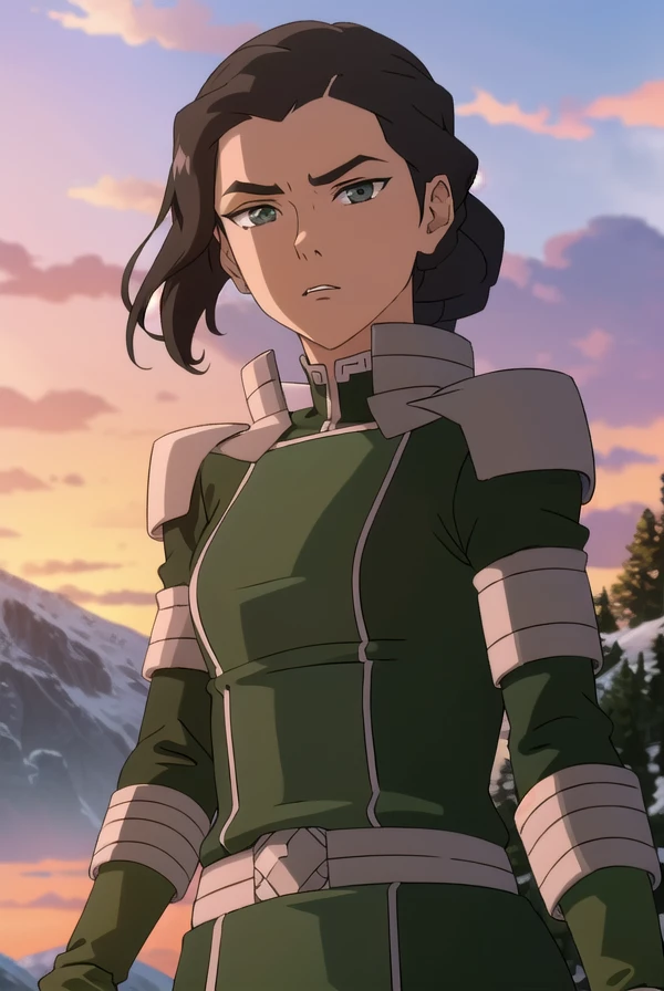 avatarkuvira, <lora:avatar kuvira-lora-nochekaiser:1>,
kuvira, black hair, dark skin, hair bun, single hair bun, (green eyes:1.5), mole, mole under eye,
BREAK boots, armor, uniform, military, military uniform,
BREAK outdoors, forest, nature, sky, sun, clouds,
BREAK looking at viewer,
BREAK <lyco:GoodHands-beta2:1>, (masterpiece:1.2), best quality, high resolution, unity 8k wallpaper, (illustration:0.8), (beautiful detailed eyes:1.6), extremely detailed face, perfect lighting, extremely detailed CG, (perfect hands, perfect anatomy),