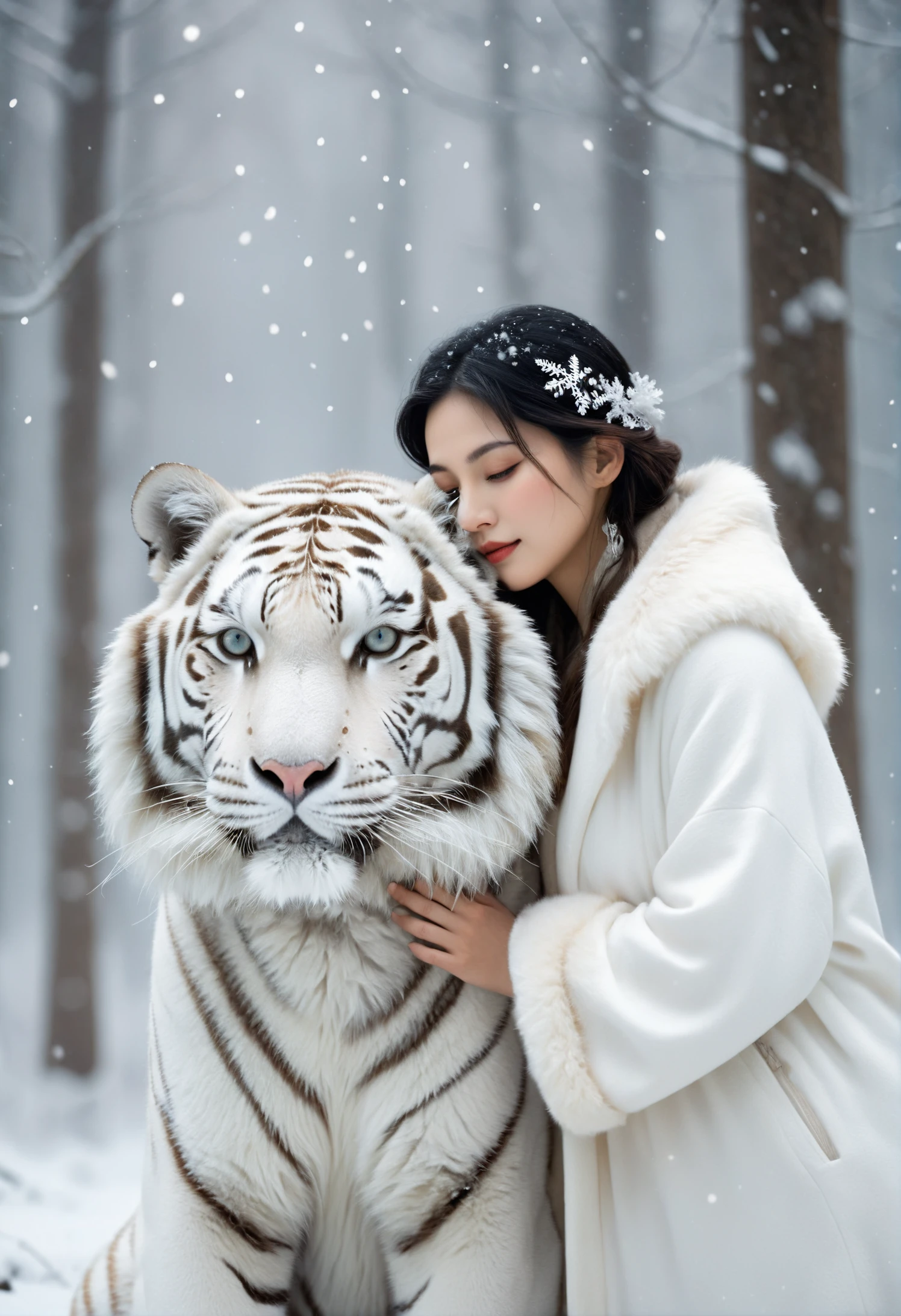 A woman and a slightly larger white tiger are depicted in a scene of mutual affection against a snowy backdrop. The woman dressed in winter fur coat, shares serene expressions with the tiger, emphasizing their harmonious coexistence. The setting is a tranquil forest, with glistening snowflakes adding to the ethereal beauty of the scene. The interaction between the woman and the tiger is gentle, showcasing a delicate contrast between human and animal. The image is captured with a soft-focus effect and a muted color palette, enhancing the high fidelity of the photograph. The perspective is intimate, drawing the viewer into this moment of peaceful coexistence