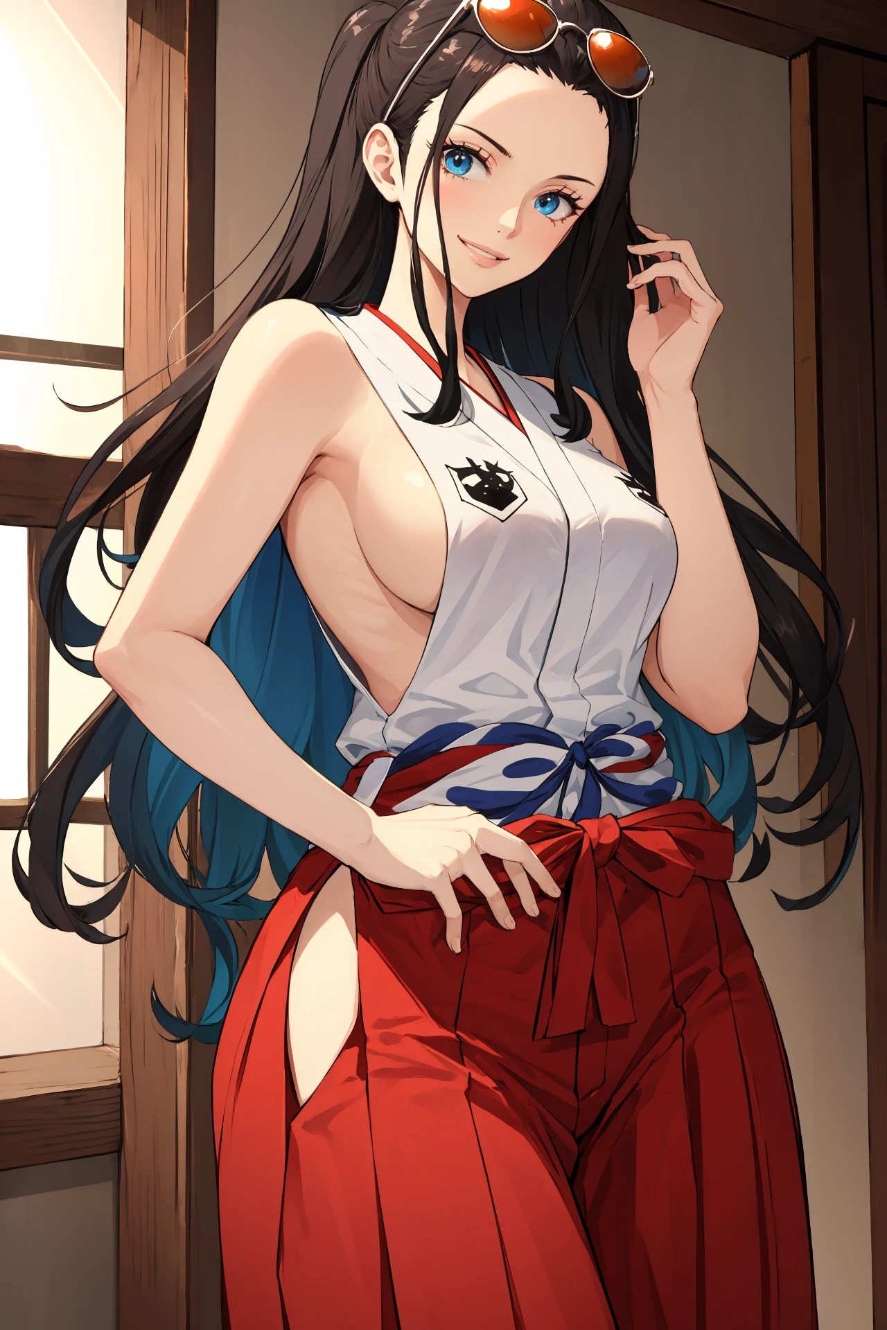 (masterpiece, best quality:1.2), intricate details, <lora:GoodHands-beta2:1>, <lora:yamato_cosplay-000010:0.8>, yamato cosplay, 1girl, sideboob, shimenawa, sleeveless, rope, hakama, <lora:nico_robin:0.8>, nico robin, eyewear on head, long hair, light smile