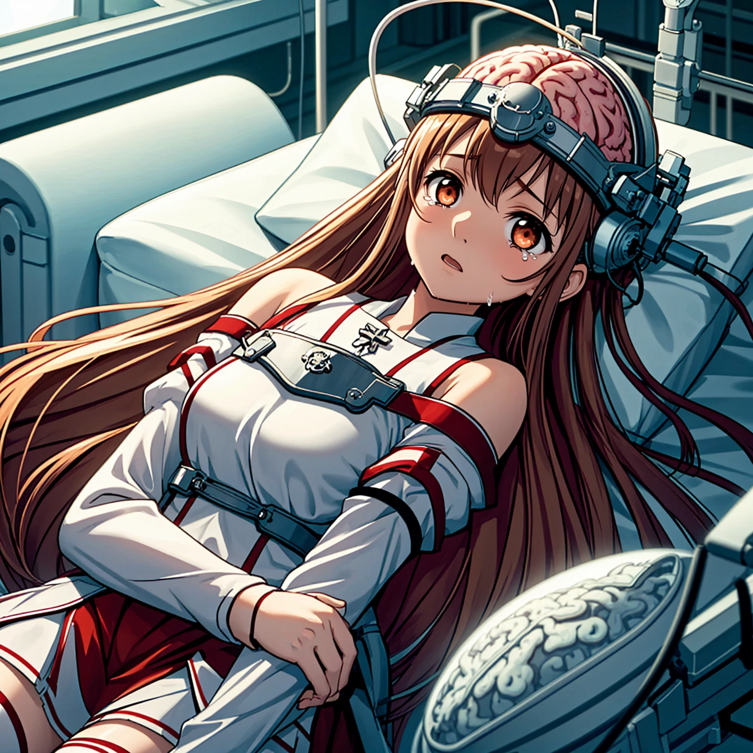 <lora:LCM_LoRA_Weights_SD15:1>,masterpiece,best quality,highly detailed,1girl,solo,scared,panicking,constricted pupils,screaming,raised eyebrows,wide-eyed,crying,tears,
<lora:asuna_(sao)_v1:0.7>,aaasuna,long hair,brown hair,braid,brown eyes,bare shoulders,armor,breastplate,white sleeves,detached sleeves,red skirt,pleated skirt,white thighhighs,
BREAK
<lora:brainSurgery:0.4>,(((laboratory, lying on hospital bed, reclining))),full body,brain surgery,(((exposedBrain,machinery device on head))),((((brain,brain in head device)))),