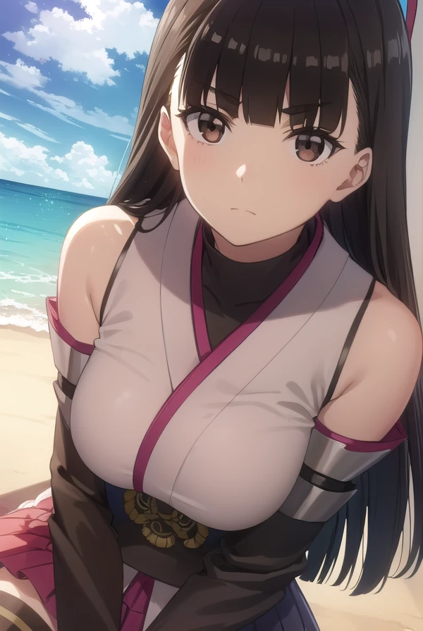 bofurikasumi, <lora:bofuri kasumi s2-lora-nochekaiser:1>,
kasumi, long hair, black hair, ribbon, hair ribbon, bangs, blunt bangs, (brown eyes:1.5),
BREAK thighhighs, detached sleeves, japanese clothes, black thighhighs, bare shoulders,
BREAK outdoors, forest, nature, sky, sun, clouds,
BREAK looking at viewer,
BREAK <lyco:GoodHands-beta2:1>, (masterpiece:1.2), best quality, high resolution, unity 8k wallpaper, (illustration:0.8), (beautiful detailed eyes:1.6), extremely detailed face, perfect lighting, extremely detailed CG, (perfect hands, perfect anatomy),