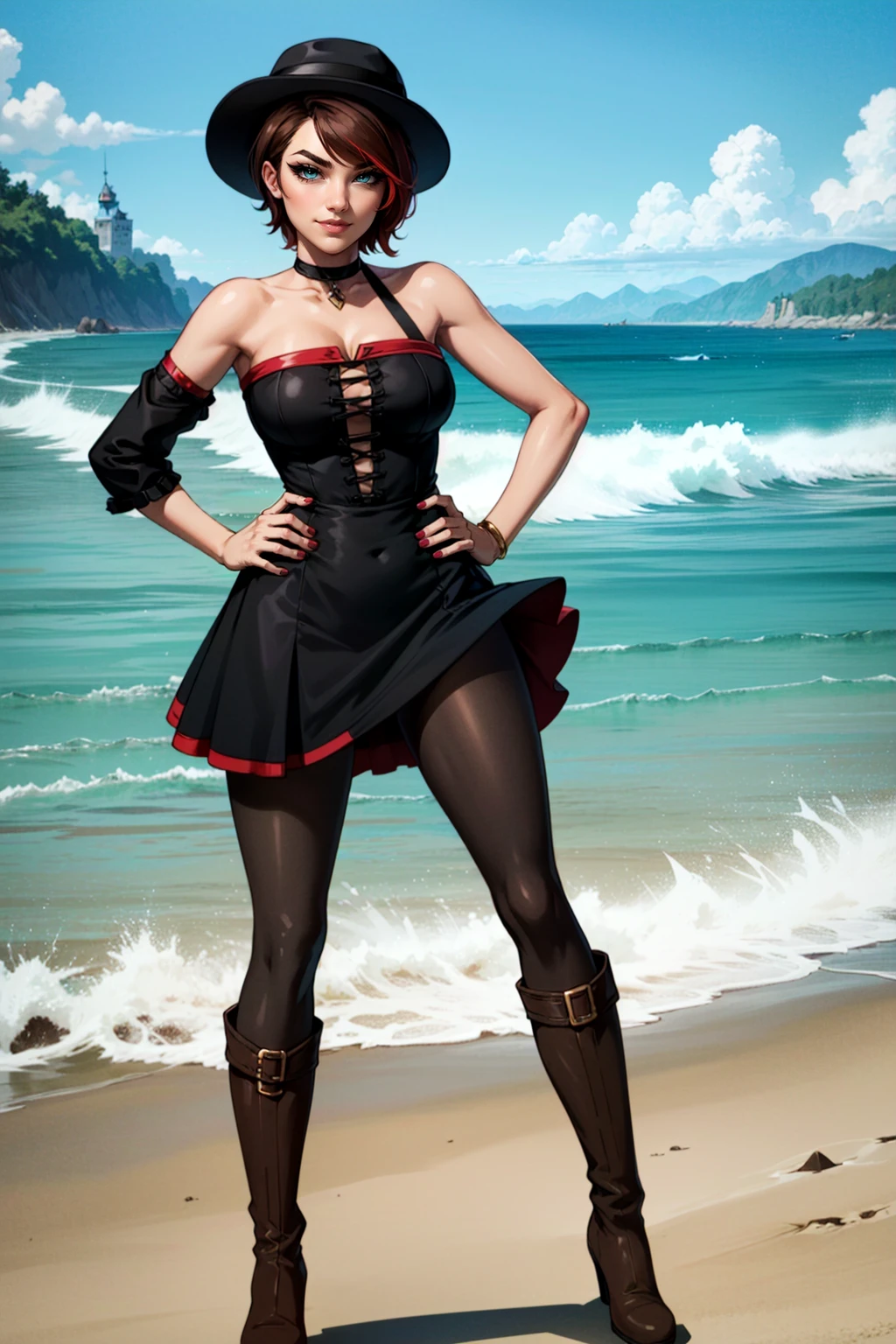<lora:FionaV1.4:0.7>, 1girl, brown hair with red streak, hair with red streak, eyeshadow, fionatftbl, black dress, pantyhose, standing, hand on hip, green eyes, blue nail polish, black headwear , black hat, short hair, brown boots, smiling,teeth, bare shoulders, beach, crashing waves