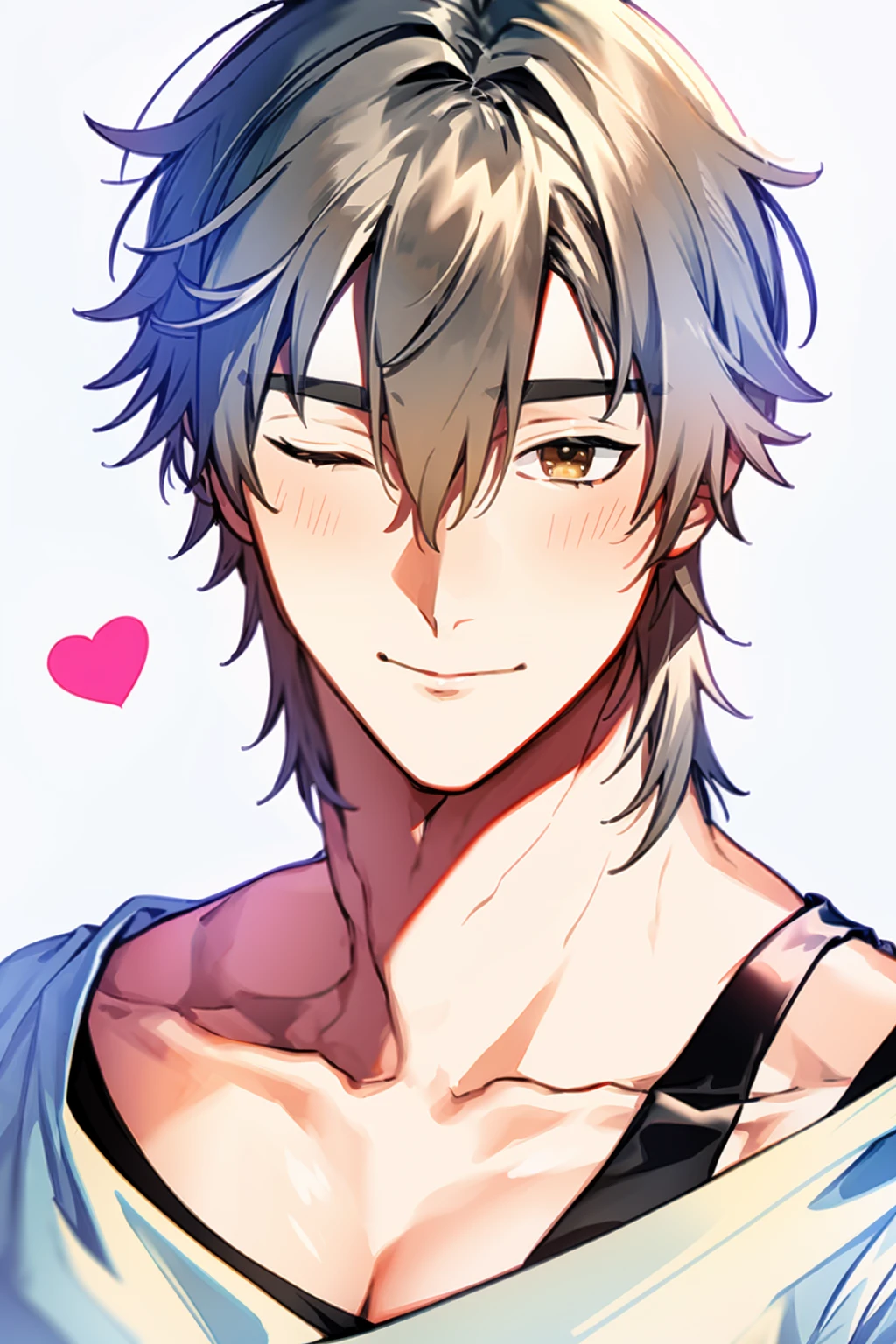 masterpiece, best quality,    <lora:trailblazer:1>, <lora:fstyle01-000010:1>,trailblazer, 1boy, male focus, smile, solo, closed eyes, heart, blush, white shirt, simple background, short hair, tank top, collarbone, facing viewer, upper body, white background, grey hair, brown hair, grin, hair between eyes, bangs, grey background, black tank top, black shirt, portrait, teeth