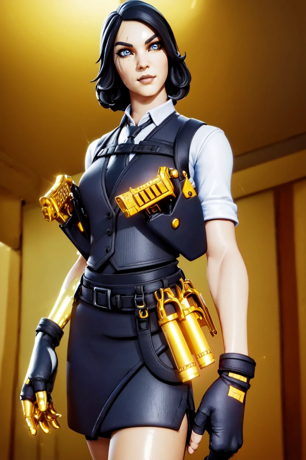 a woman posing in an office <lora:MarigoldLoRA:1> marigold, with, scar on eye, uniform, holding, golden gun, beautiful eyes, beautiful girl, high detail skin, high detail eyes, high detail hair, highres, ultra detailed, detailed reflective shiny skin, diffused skin pores, sharpen picture, Highly detailed, masterpiece, best quality,