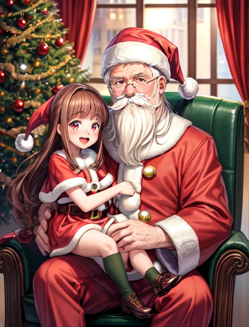 best quality, masterpiece, highres, detailed, digital artwork, <lora:Detail - add_detail:0.2>, 1girl and 1boy, SantaLap, <lyco:Scene - SantaLap:0.9>, sitting on lap, happy, BREAK 1boy, old man, santa, santa claus, white hair, red pants, santa hat, fat, white beard, mustache BREAK RuriDigi, blunt bangs, long hair, brown hair, red eyes, <lora:Character - RuriDigi:0.5>