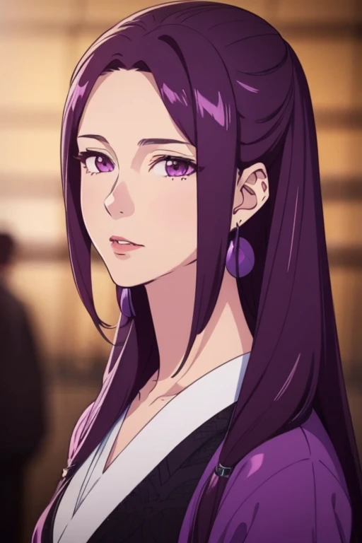 ((extremely realistic shading, masterpiece, extremely detailed, photorealistic)) <lora:aduofei-08:0.9>Purple long hair, bare forehead, purple eyes, earrings,mature women