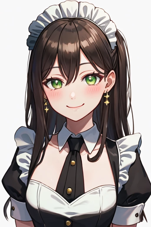 best quality, masterpiece, highres, solo, {maid:1.40}, {long maid dress:1.15}, {hanazono_tae_bangdream:1.15}, long_hair, green_eyes, bangs, smile, blush, black_hair, brown_hair, hair_between_eyes