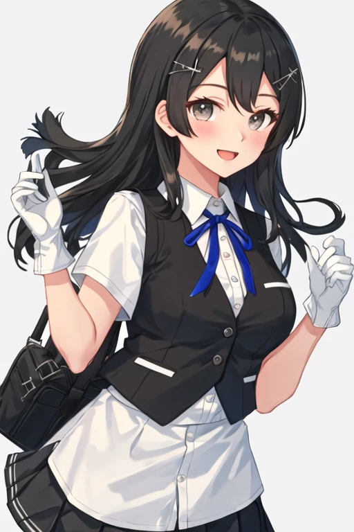 best quality, masterpiece, highres, solo, {oyashio_kantaicollection:1.15}, black_hair, long_hair, hair_ornament, hairclip, blush, vest, ribbon, black_vest, open_mouth, breasts, blue_ribbon, neck_ribbon, 1girl, black_skirt, dress_shirt, gloves, looking_at_viewer, pleated_skirt, shirt, short_sleeves, simple_background, skirt, smile, white_background, white_gloves, white_shirt, cowboy_shot, grey_eyes, school_uniform