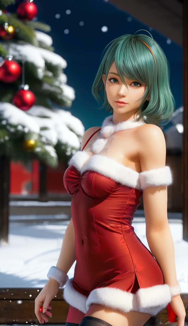 masterpiece,highres,3D graphics,available light,snowflakes,outdoors,
tamaki,1girl,solo,green hair,green eyes,((red christmas dress)),thighhighs,looking_at_viewer,arms behind head,christmas,portrait,mole under eye,
<lora:add_detail:0.3>,<lora:tamaki-000005:0.7>,