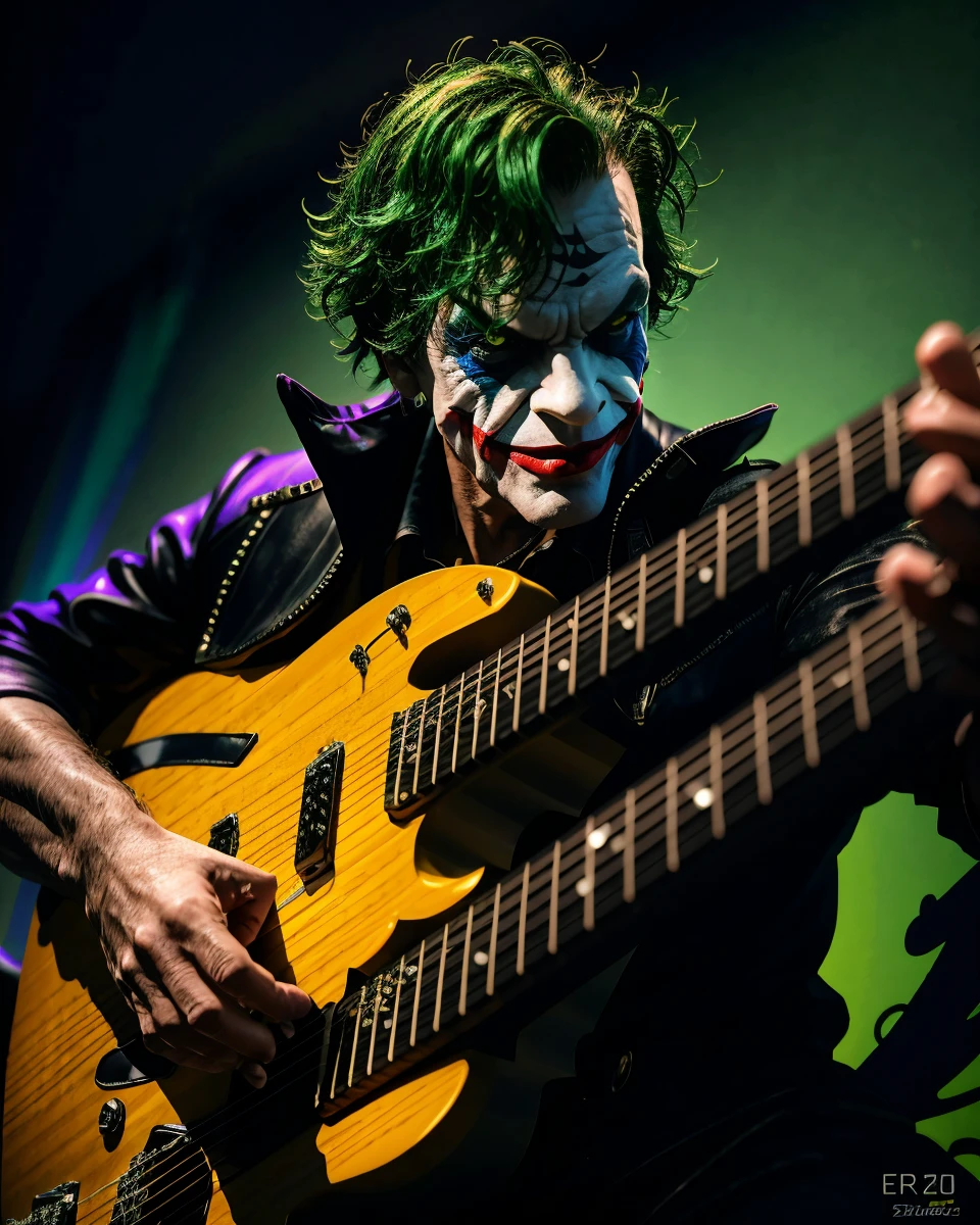 A photograph of a Joker playing an electric guitar in the style of The Joker (2022) trending on artstation deviantart pinterest furaffinity detailed realistic hd 8k high resolution hdr shot with super detailed photorealistic highlights and shadow detailed High Resolution path traced contrast light and dark cinematic shadows by Zdzislaw Beksinski, IMAX quality