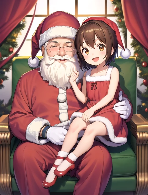 best quality, masterpiece, highres, detailed, digital artwork, <lora:Detail - add_detail:0.2>, 2people, SantaLap, <lyco:Scene - SantaLap:0.9>, sitting on lap, happy, BREAK 1boy, old man, santa, santa claus, white hair, red pants, santa hat, fat, beard, mustache BREAK HikariDigi, 1girl, female , brown hair, brown eyes, short hair, yellow shirt, <lora:Character - HikariDigi:0.4>