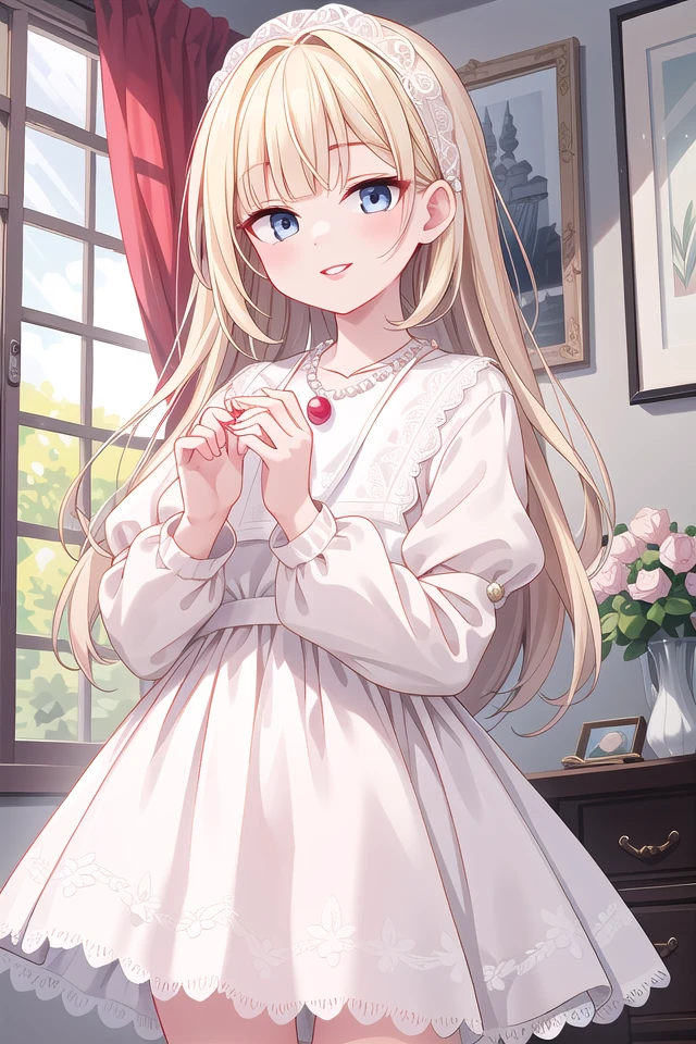 insanely detailed, absurdres, ultra-highres, ultra-detailed, best quality,
1girl, solo, nice hands, perfect hands,
BREAK
(dress, eyelashes, jewelry, lace trimmed dress, lace trim, lips, necklace, pearl necklace, red lips, white dress:1.3)
BREAK
happy smile, laugh, closed mouth, standing,
,
cute pose, cowboy shot, looking at viewer
BREAK
slender, kawaii, perfect symmetrical face, ultra cute girl, ultra cute face, ultra detailed eyes, ultra detailed hair, ultra cute, ultra beautiful,
BREAK
in hotel room
BREAK
large breasts, blonde long hair, bangs, (cleavage:-1.5)