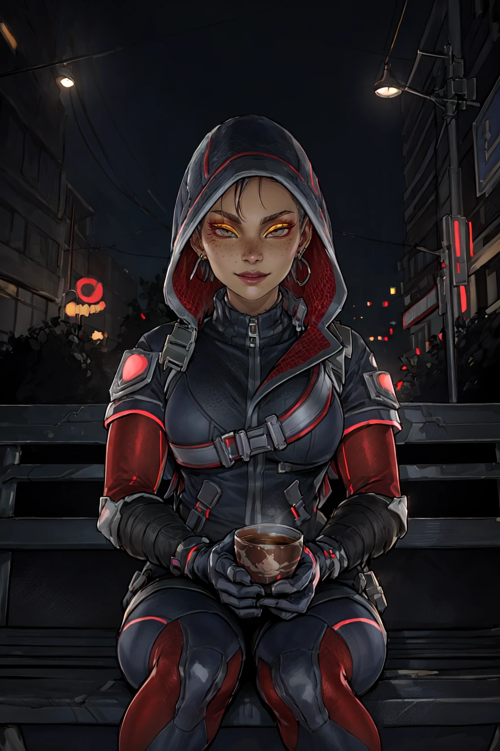 (Masterpiece:1.4), (high quality:1.2), (best quality:1.2), <lora:more_details:0.5>, beautiful eyes, looking looking at viewer, <lora:Loba_PrettyTheft_v1:0.8>, 1girl, solo, lobapttythft, hood, hood up, full body, jewelry, bodysuit, boots, makeup, freckles, yellow eyes, earrings, black gloves, lips, jacket, high heels, sitting on street bench, holding coffee, simple background, night city, empty street, smile, glowing, eyeshadow, glowing eyes