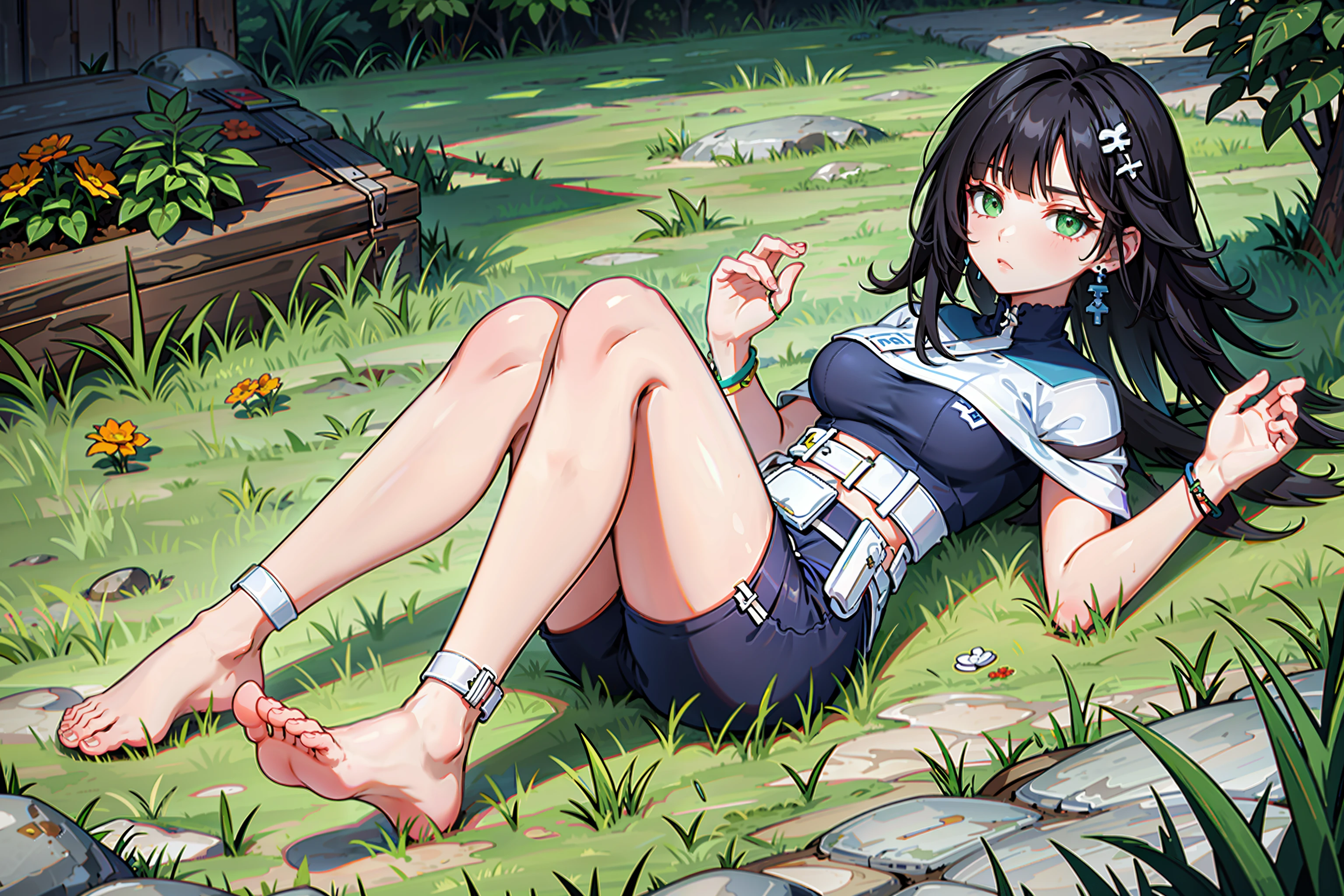 (abigail:1.2), (outfit, accessories:1.2), black hair, garden, plants, grass, tall grass, leaning back, on back, barefoot, feet, soles, foot up, green eyes, looking at viewer, medium hair, shorts <lora:AbigailERLora-05:0.8>