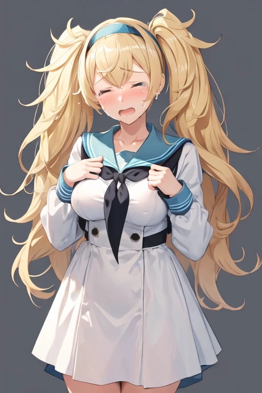 best quality, masterpiece, highres, solo, {gambier_bay_kantaicollection:1.15}, blonde_hair, long_hair, twintails, hairband, blue_eyes, breasts, large_breasts, hair_between_eyes, open_mouth, blush, 1girl, dress, long_sleeves, sailor_dress, simple_background, white_background, blue_sailor_collar, sailor_collar, tears, white_dress, blue_hairband, closed_eyes, crying, upper_body