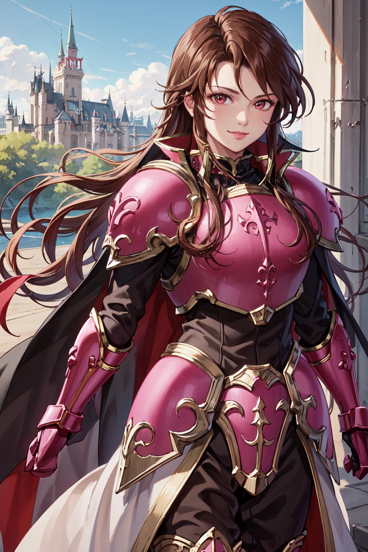 (upper body:1.1),light smile,<lora:sheenaV1-000009:0.9>,sheena, armor, pants,gauntlets,looking at viewer, armored boots, cape, high heels, shoulder armor, breastplate,  pauldrons, greaves, gloves, pink footwear, faulds, castle gate,castle,outdoors,(masterpiece, best quality, ultra-detailed, best shadow)