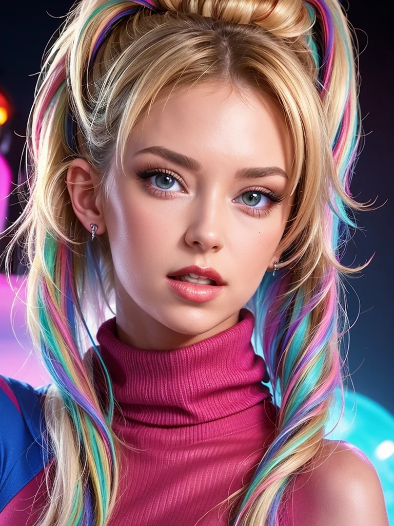 Disco-themed full portrait of a beautiful (long blond hair:1.2) cute model with natural makeup, red lipstick, (wearing turtleneck top:1), perfect clean skin, dancing, neon, vibrant colors, colorful, rainbow sky, bokeh, jenna jameson, <lora:jenna_jameson_v1.0:1> . Vibrant, groovy, retro 70s style, shiny disco balls, neon lights, dance floor, highly detailed