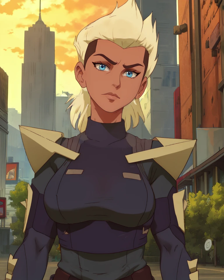 leslie,two-tone hair,undercut,spiked hair,blue eyes,
gloves,shirt,armor,vest,medium breasts,
standing,upper body,serious,
metropolis,morning,
(insanely detailed, beautiful detailed face,beautiful detailed eyes, masterpiece, best quality),<lora:LivewireMAS:0.8>,