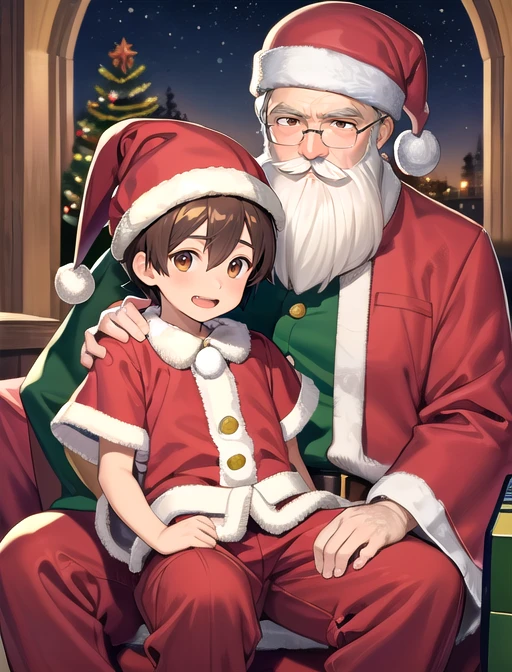 best quality, masterpiece, highres, detailed, digital illustration, mall, <lora:Detail - add_detail:0.2>, 2boys, SantaLap, <lyco:Scene - SantaLap:0.9>, sitting on lap, happy, mall BREAK old man, santa, santa claus, white hair, red pants, santa hat, fat, white beard, mustache, BREAK TakuyaKan, goggles, hat, brown hair, brown eyes, <lora:Character - TakuyaKan:0.4>, green hat,