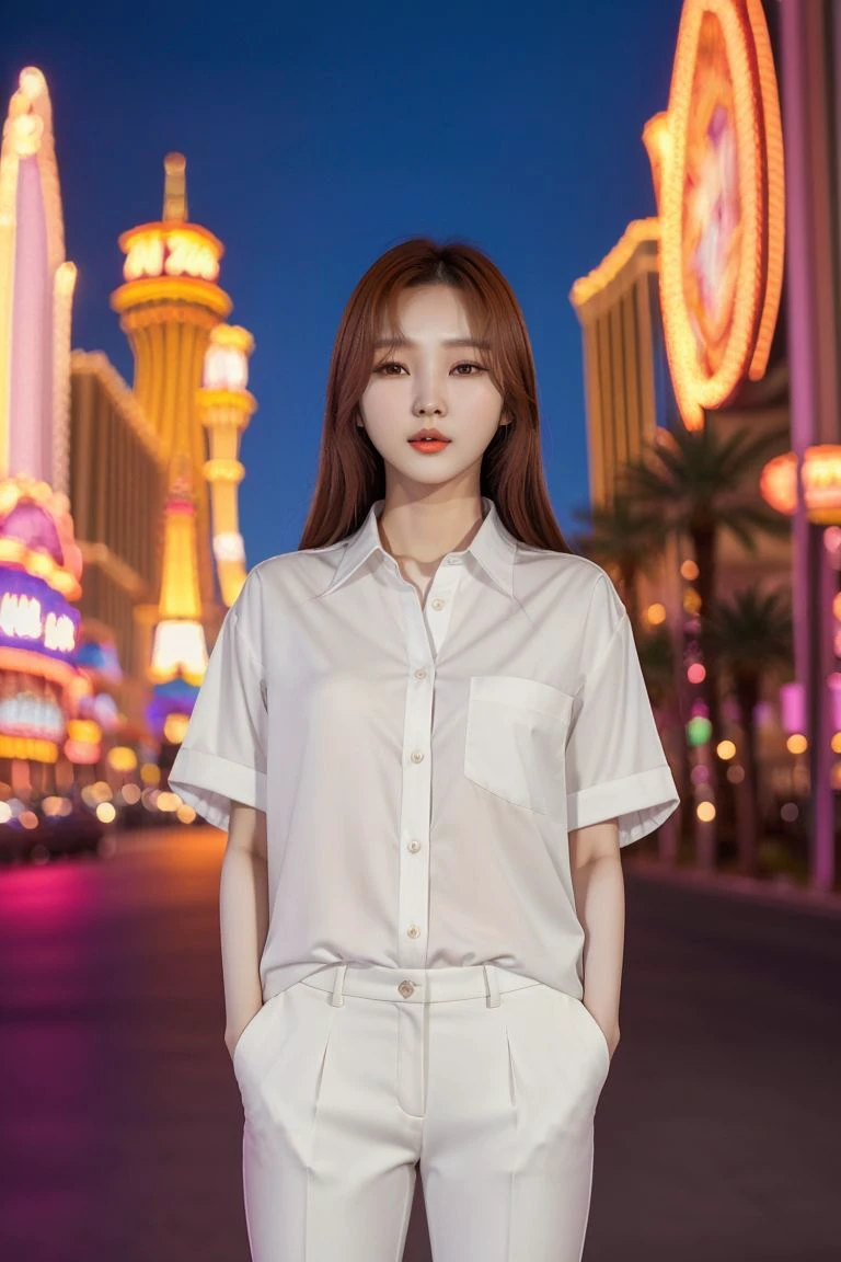 <lora:kim_hee_jeong_obj20:0.5>, full_body, standing, sandals, (shirt), pants, (las vegas strip), (kim_hee_jeong: 1.2), perfect face, (contact iris: 1.1), pale skin, skin pores , depth of field