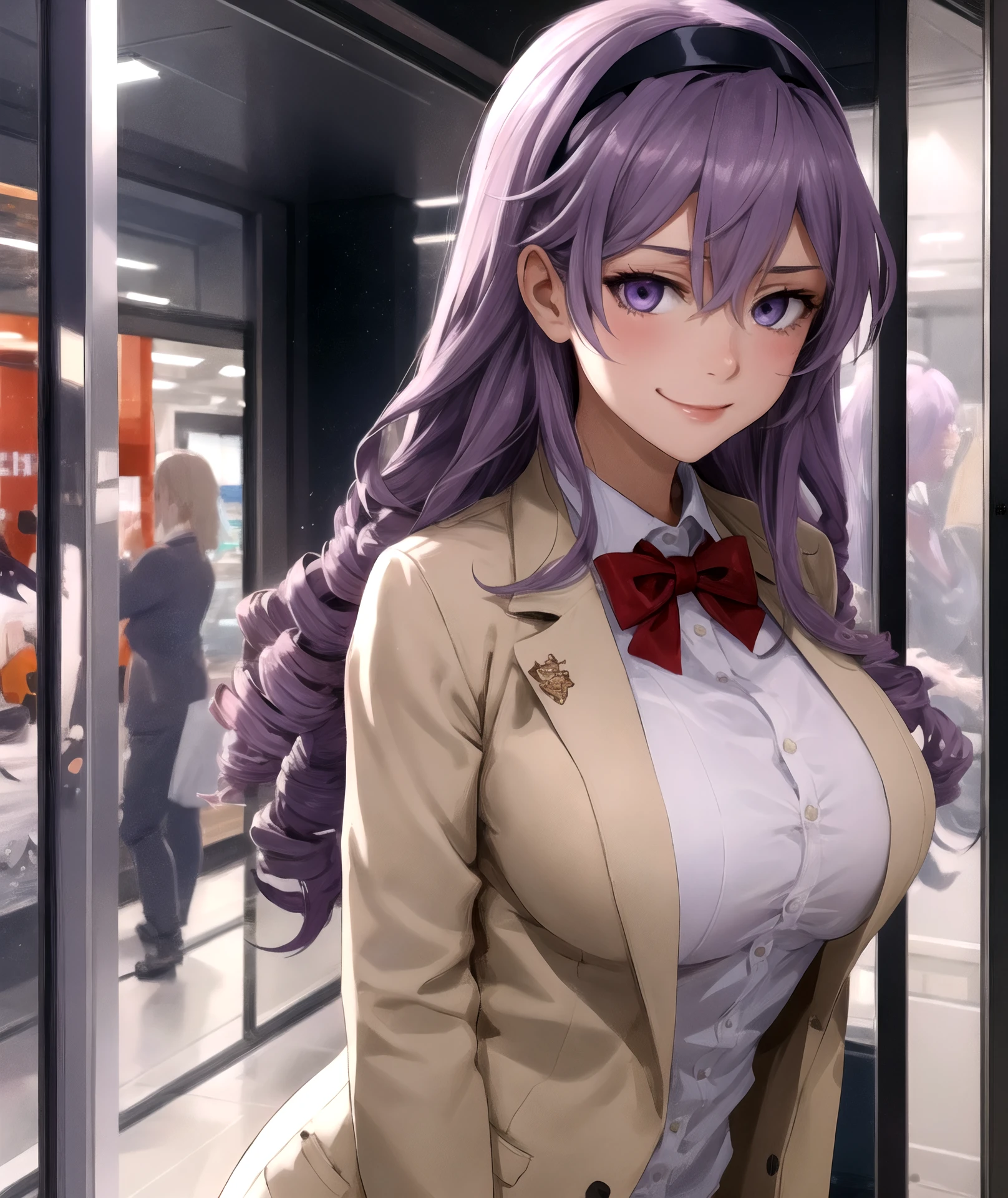 1girl, all fours, naked, sexy, ahegao, tongue out, junko hokaze, solo, long hair, looking at viewer, smile, shirt, bow, school uniform, purple eyes, jacket, upper body, purple hair, hairband, bowtie, red bow, drill hair, <lora:Junko_Hokaze_L:1>, huge breasts