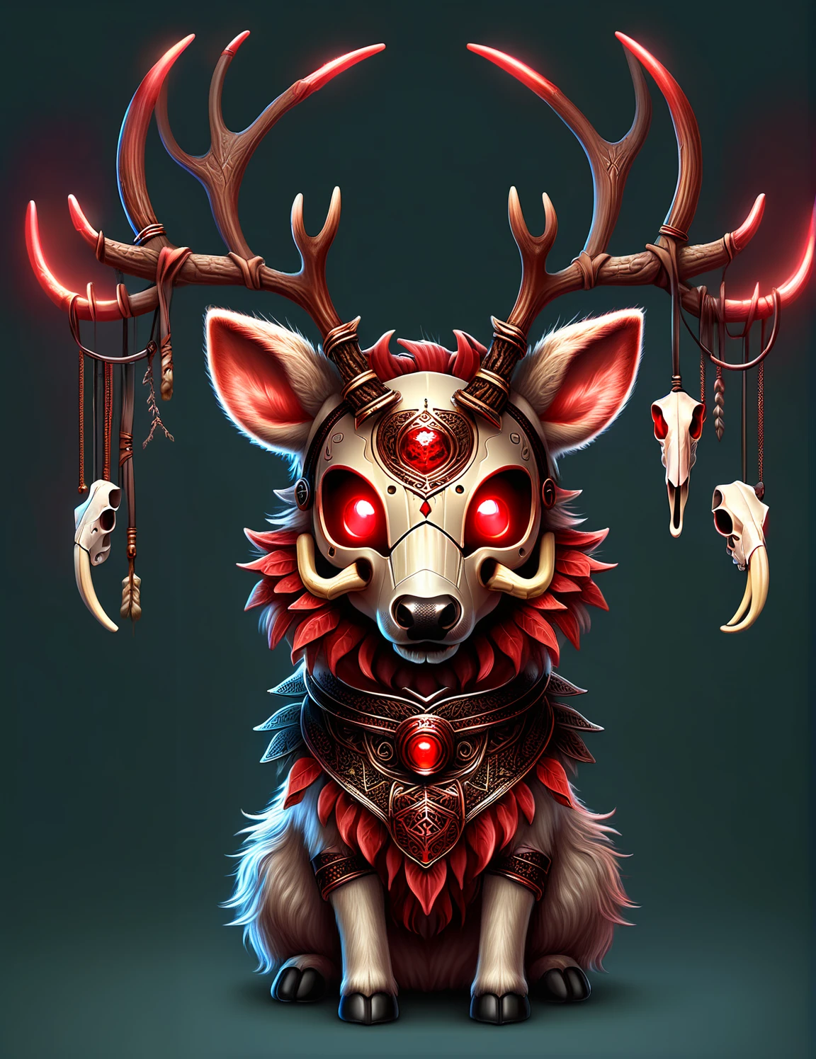 <lora:SDXLAntlerPagan:1>AntlerStyle, beautiful dynamic art of an adorable little red reindeer, wearing a bone mask, red glowing eyes, dreamcore, Illustrations in the style of fantasy mythology, ultra realistic illustration, complementary colors