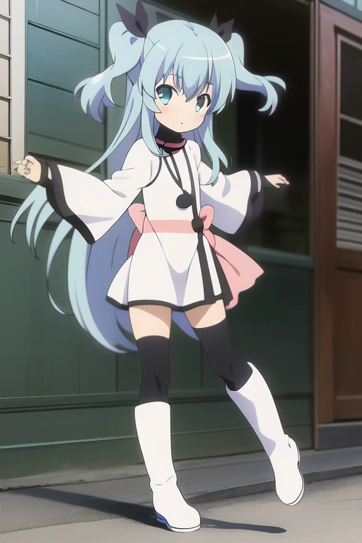 <lora:Noel:1> Noel, 1girl, solo, thighhighs, blue eyes, blue hair, long hair, two side up, black thighhighs, dress, boots, ribbon, white dress, zettai ryouiki, looking at viewer, long sleeves, hair ribbon, full body