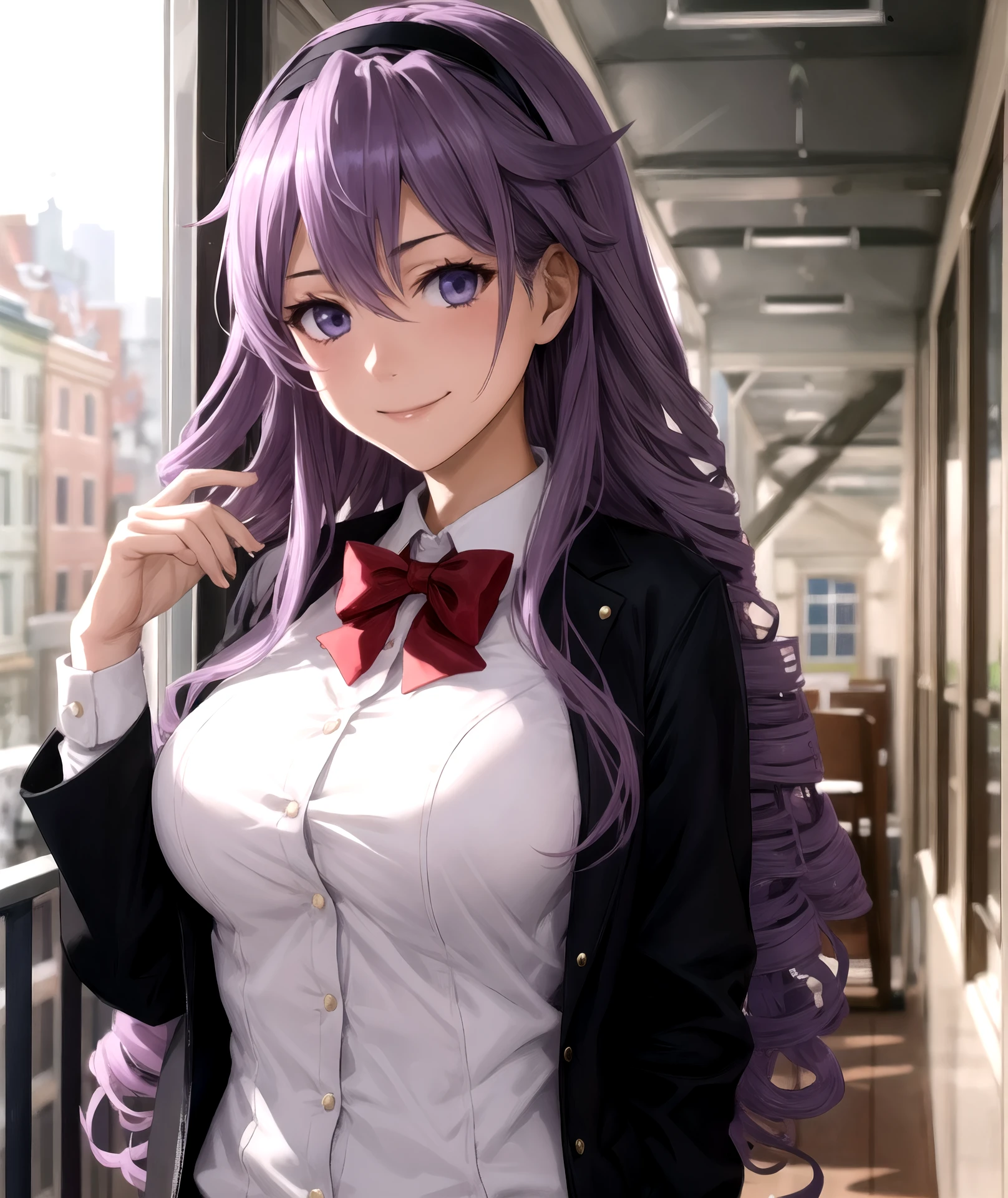 junko hokaze, 1girl, solo, long hair, looking at viewer, smile, shirt, bow, school uniform, purple eyes, jacket, upper body, purple hair, hairband, bowtie, red bow, drill hair, <lora:Junko_Hokaze_L:1>, huge breasts