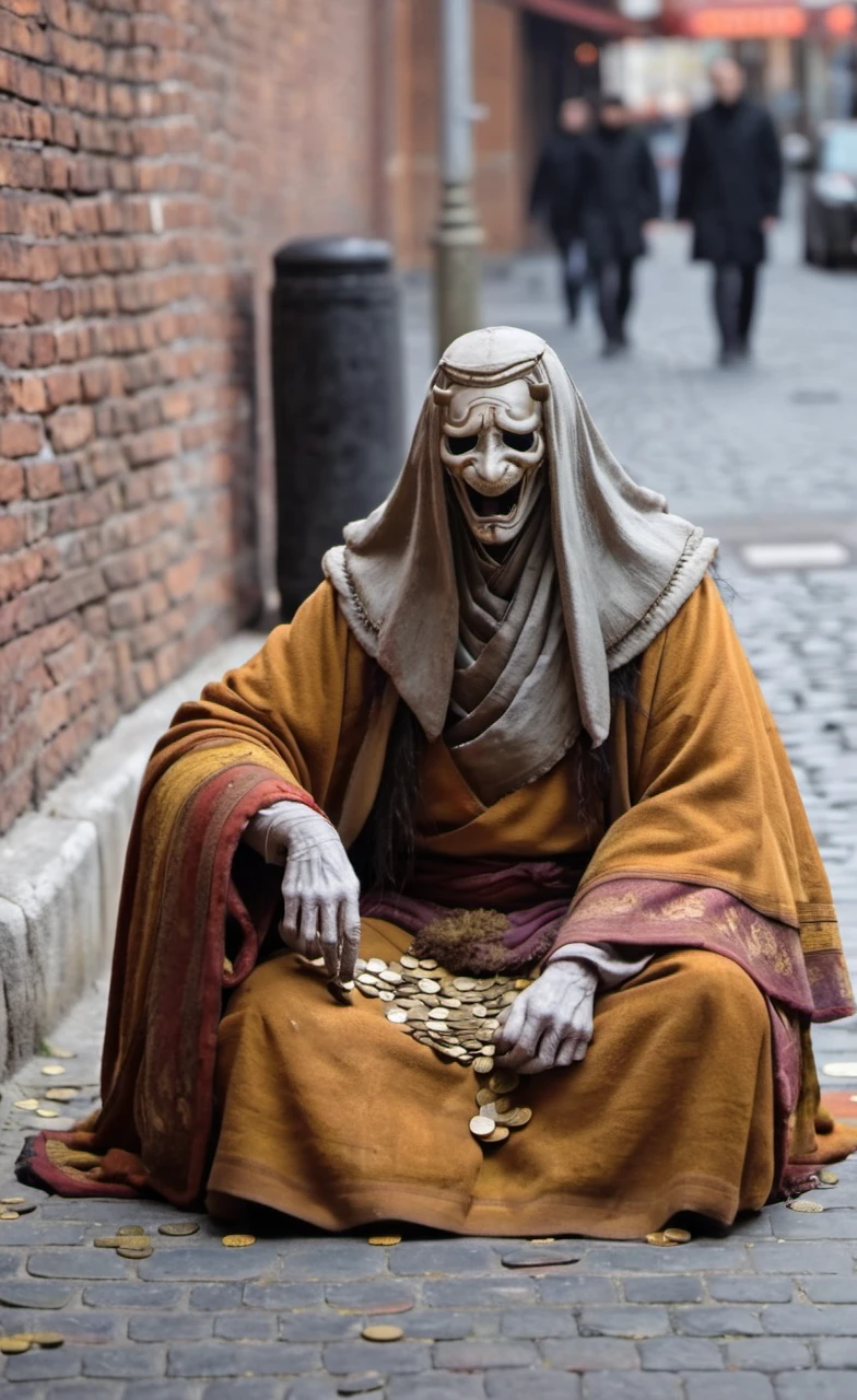 <lora:monk-000004:0.8>,crptedmonk,man begging for a coins on a street