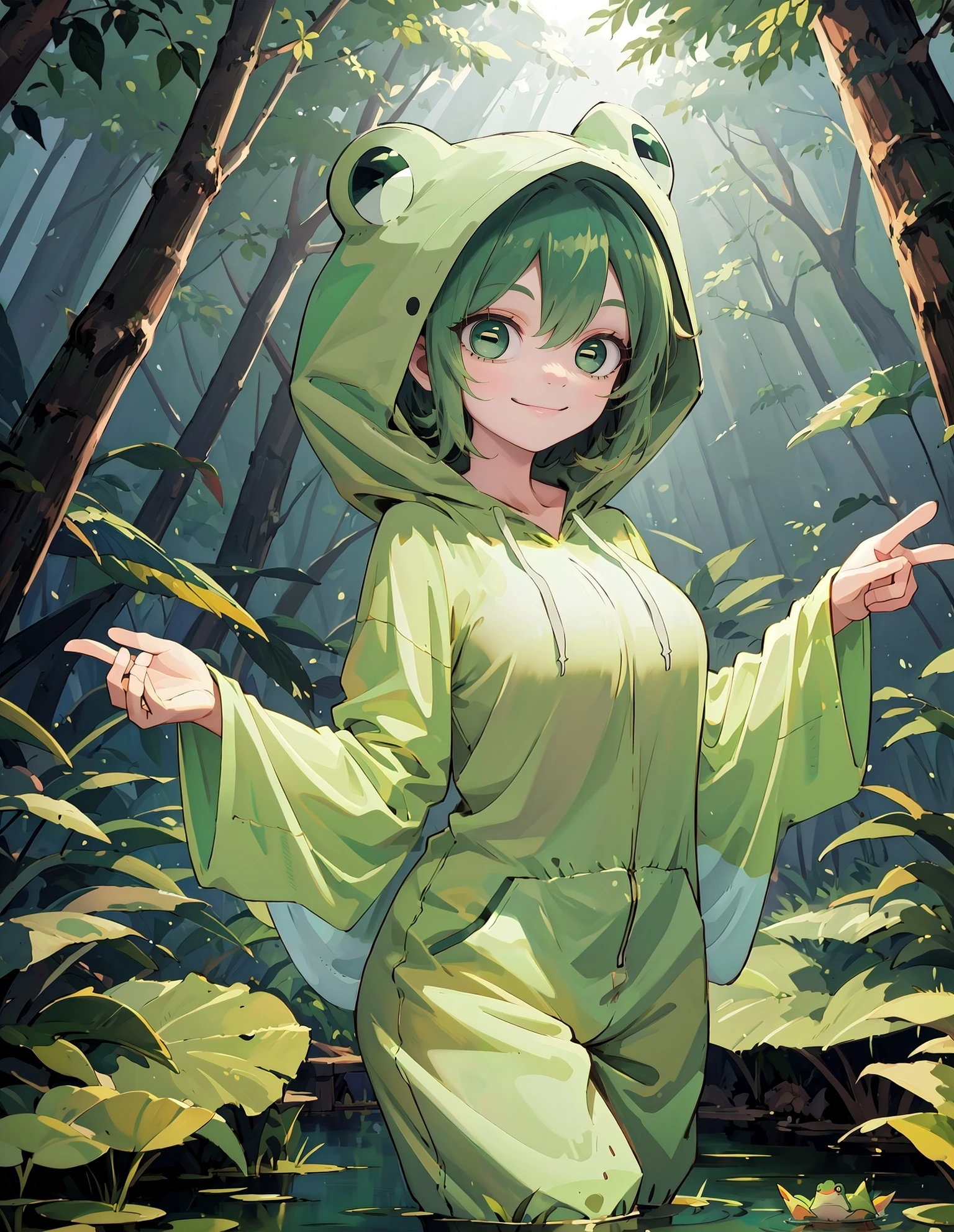 masterpiece, best quality, highres, cowboy shot,
large eyes, (horizontal pupils:1.1), light smile,
frog onesie, hood up, green hair, pond, forest
<lora:concept_horizontal_pupils-v2:1.0>