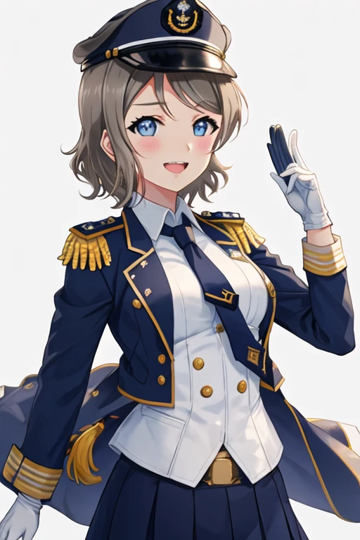 best quality, masterpiece, highres, solo, {watanabe_you_lovelivesunshine:1.15}, short_hair, blue_eyes, blush, brown_hair, smile, grey_hair, breasts, bangs, open_mouth, medium_breasts, 1girl, epaulettes, gloves, hat, looking_at_viewer, military, military_uniform, peaked_cap, simple_background, uniform, white_gloves, naval_uniform, black_necktie, long_sleeves, necktie, upper_body, white_background, jacket