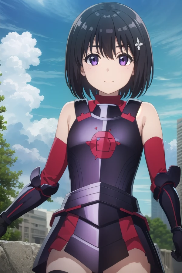 bofurimaple, <lora:bofuri maple s2-lora-nochekaiser:1>,
maple, short hair, bangs, black hair, hair ornament, (purple eyes:1.1), ahoge, bob cut, smile,
BREAK thighhighs, gloves, bare shoulders, boots, black gloves, elbow gloves, armor, red thighhighs, black armor,
BREAK outdoors, forest, nature, sky, sun, clouds,
BREAK looking at viewer,
BREAK <lyco:GoodHands-beta2:1>, (masterpiece:1.2), best quality, high resolution, unity 8k wallpaper, (illustration:0.8), (beautiful detailed eyes:1.6), extremely detailed face, perfect lighting, extremely detailed CG, (perfect hands, perfect anatomy),