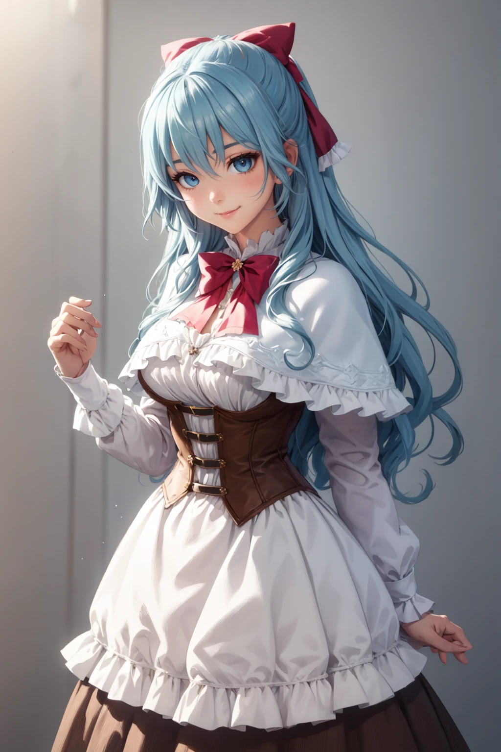 sgliselotte, cowboy shot, light smile BREAK long hair, blue hair, sidelocks, blue eyes BREAK white capelet, brown corset, red bow, hair bow, red bowtie, brown skirt BREAK (simple background, grey background:1) <lora:liselotte-sd15-5-000008:0.8>