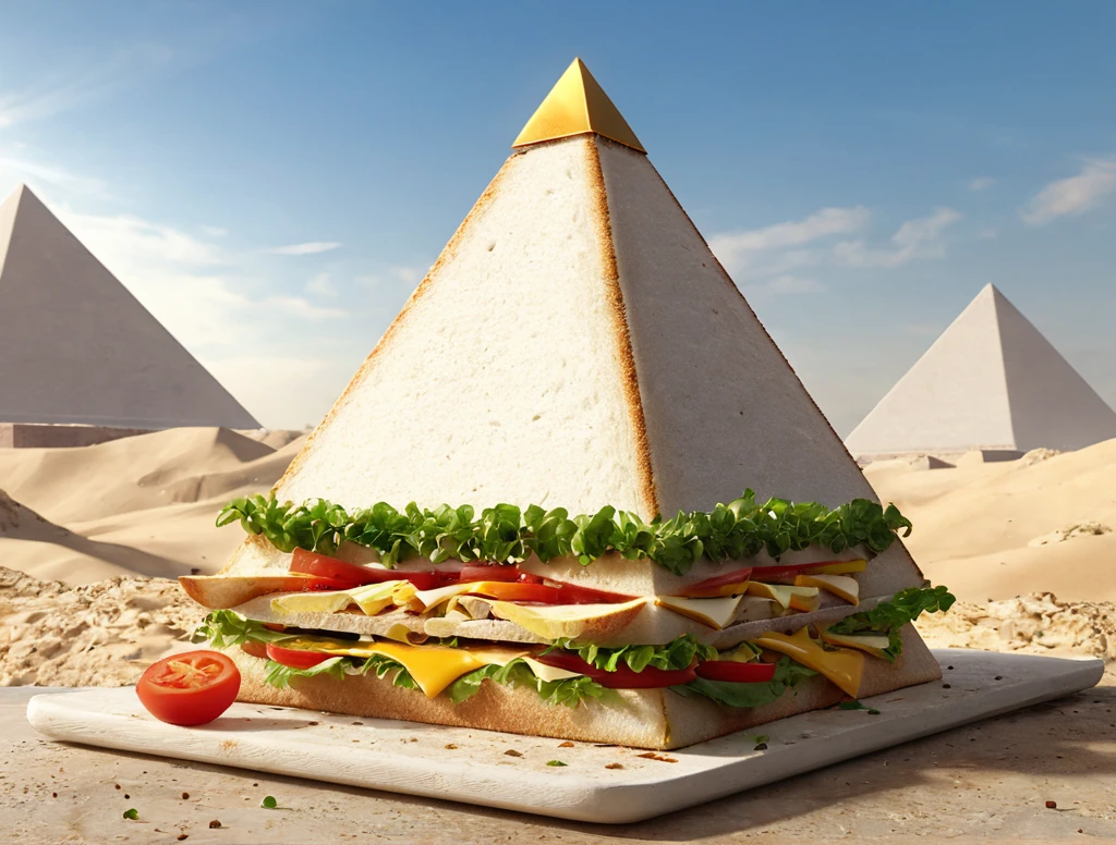 a sandwich in the style of a wh1t3ng0ld style pyramid, 8k hd high definition beautiful photography, cg award winning unreal engine render, matte painting ultra realism <lora:Unweathered_Pyramids-000006:0.6>