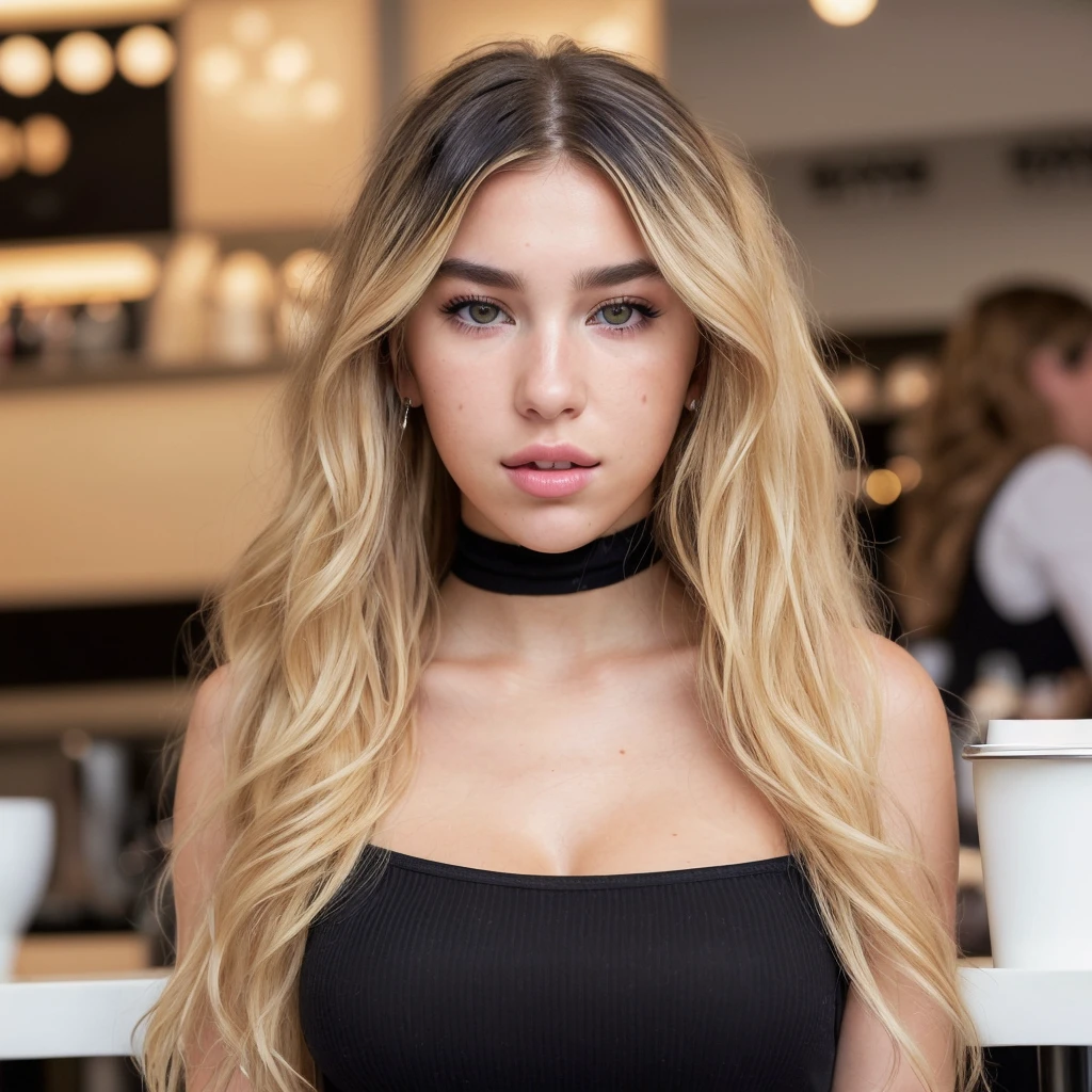 ultra realistic photo , leica 135mm f3.4 , blonde wavy haired , brown eyes , very long hair , slightly big hips , very beauty girl , 21 age , petite , cute , sexy , with makeup , black clothes , detailed face , small nose , like dua lipa , 121 lbs , in cafe