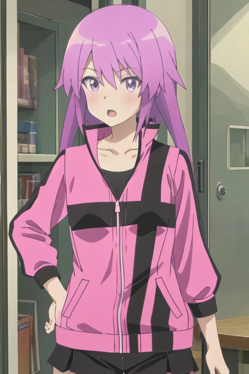 best quality, masterpiece, highres, solo, {hirasaka_yotsuyu_alicegearaegisexpansion:1.15}, purple_hair, purple_eyes, long_hair, blush, 1girl, hair_between_eyes, jacket, anime_coloring, bangs, collarbone, pink_hair, pink_jacket, open_mouth, parody, track_jacket, upper_body, indoors, looking_at_viewer
